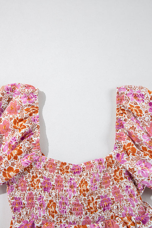 Pink Floral Square Neck Knotted Ruffle Midi Dress